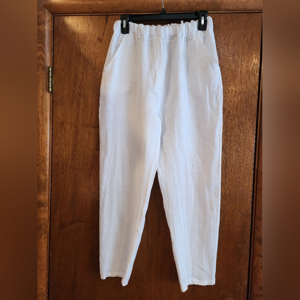 M MADE IN ITALY Bright White 100% Linen Elastic Waist Slim Leg Pants Sz M L27 - Picture 3 of 11